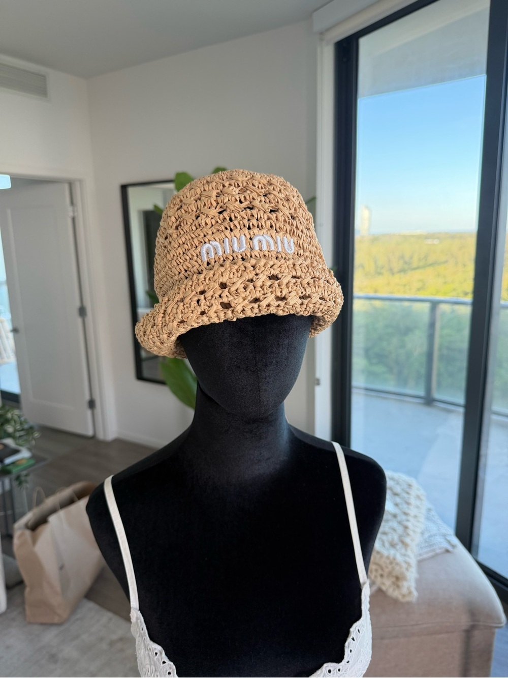 Miu Miu Beige Straw Crochet Bucket Hat - NWT & plastic bag - 56/58 cm